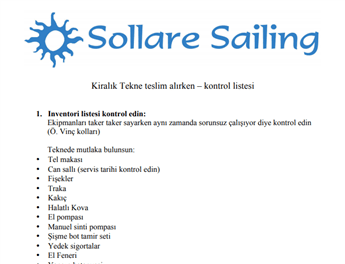 Sollare Sailing Charter Check List
