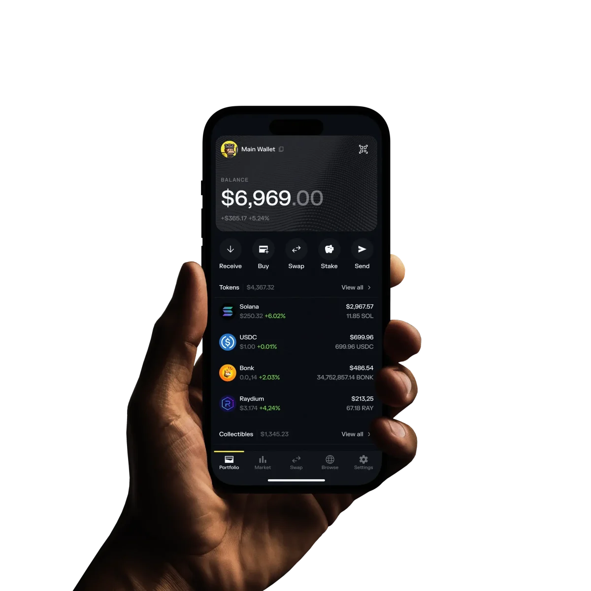 hand holding mobile with solflare app home screen